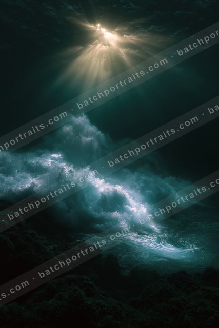 A mesmerizing underwater view of sunlight streaming through dark waters, illuminating turbulent waves and marine life.