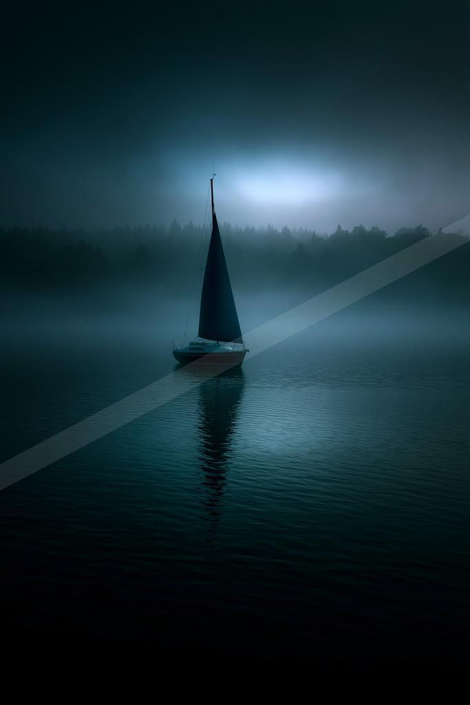 A solitary sailboat with dark sails floats on a calm lake shrouded in dense blue fog, with a forested shoreline barely visible in the background under a dark, m