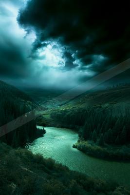 A night sky scene of storm, river, clouds.