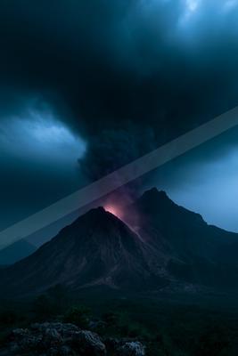 A dramatic landscape of mountains, storm.