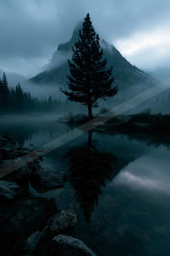 A solitary tall pine tree stands on a rocky shore, its perfect reflection visible in the calm water of a mountain lake, with thick fog shrouding the rocky peak
