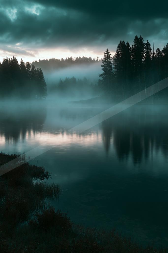 A blue hour long exposure water scene of lake, fog.
