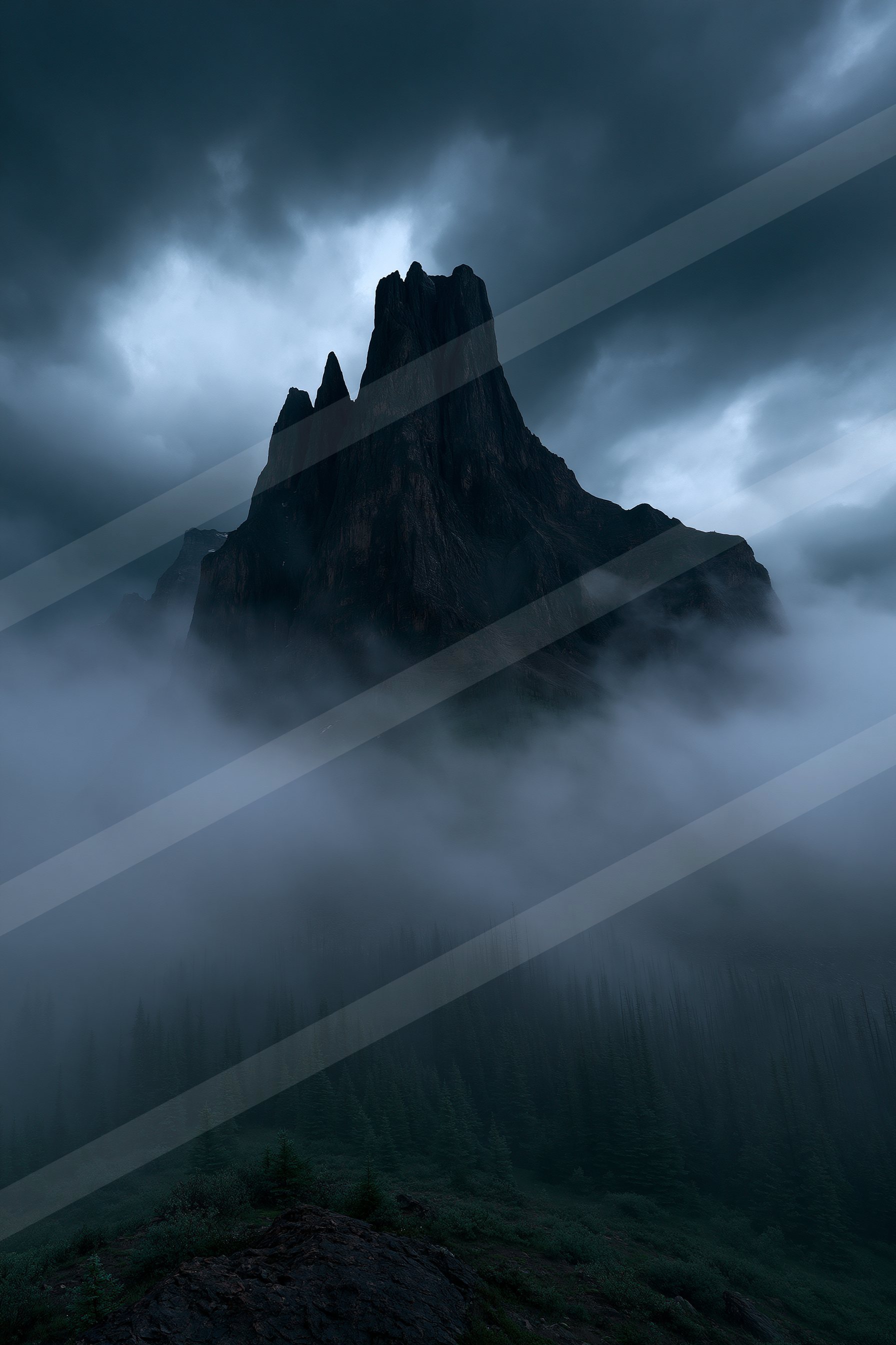 A mysterious long exposure landscape of a mountains, fog.