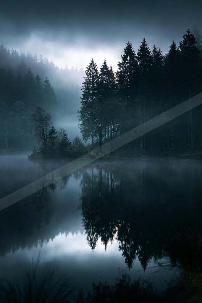 A serene water scene of lake, forest.