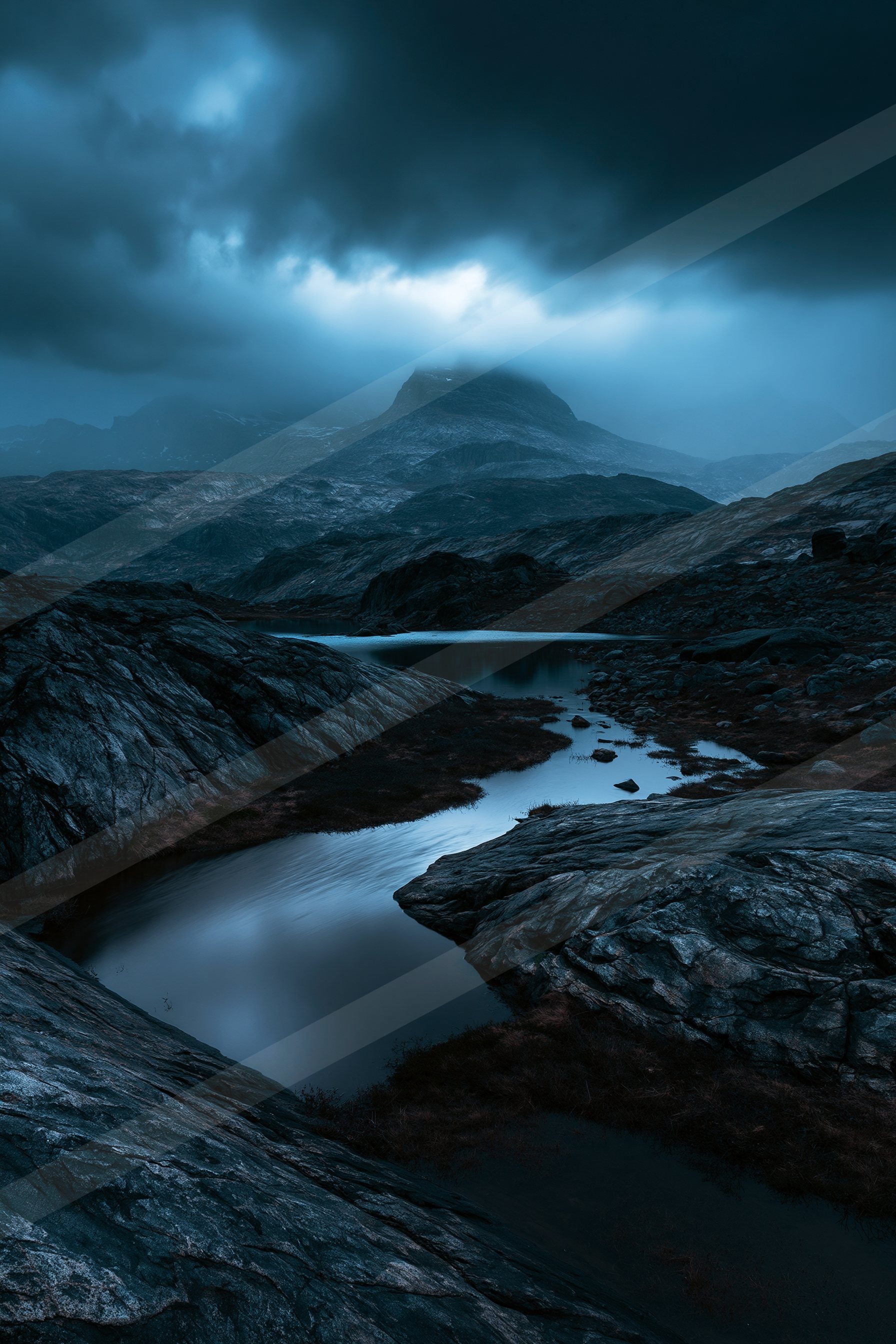 A serene twilight scene featuring a calm lake surrounded by rugged terrain, with a distant mountain peak partially shrouded in misty clouds.