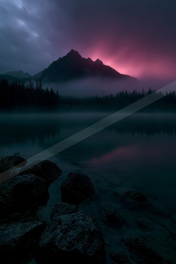 A serene mountain lake reflects a dramatic pink and purple twilight sky, with dark rocky peaks rising above a misty forest under moody clouds.