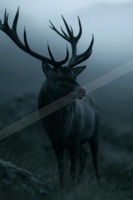 A large male deer with impressive antlers stands in a misty, foggy landscape, looking to the side with a dramatic and atmospheric feel.