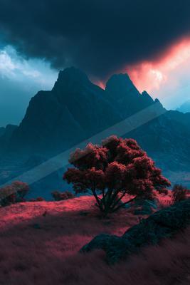A dramatic nature scene of trees, mountains, valley.