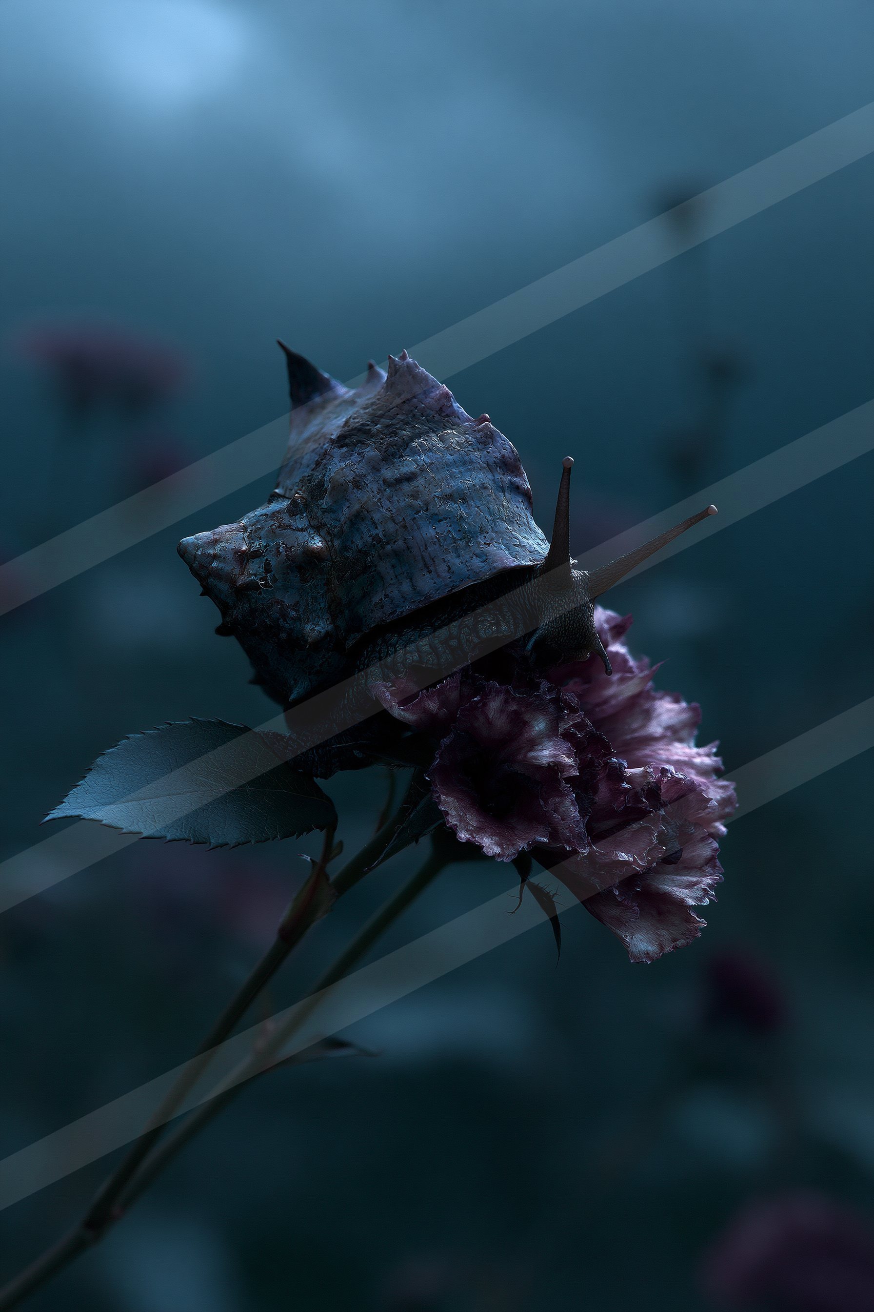 A mysterious macro nature scene of a rose, reflection.