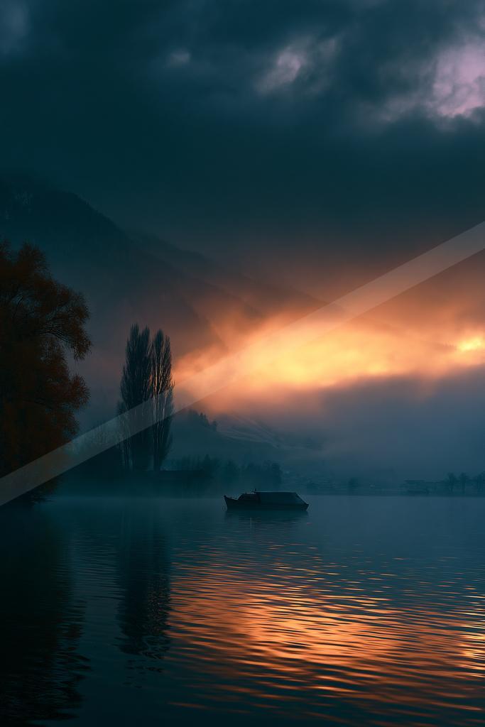 A serene water scene of lake, sunrise, fog.