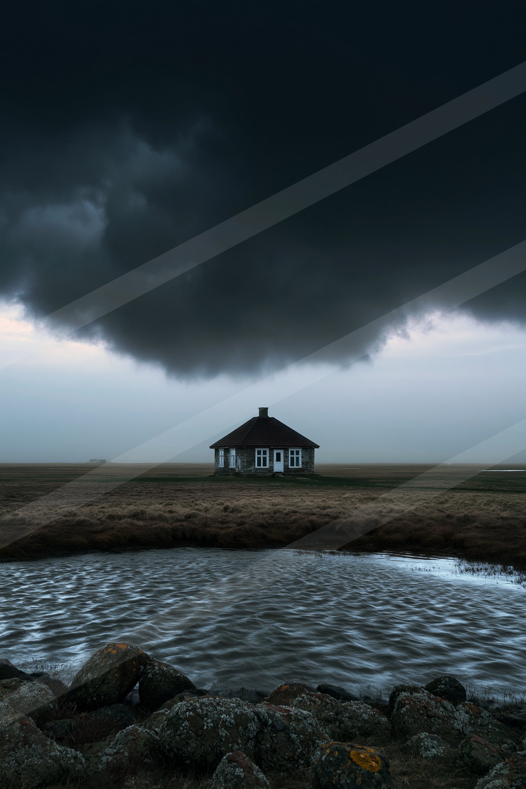 A lone cottage stands in an open field under ominous storm clouds, with rippling water and rocky foreground.
