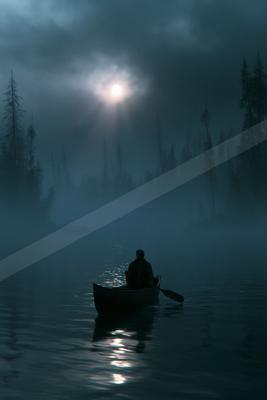 A green-toned moody photograph of canoe, paddle, lakeside.