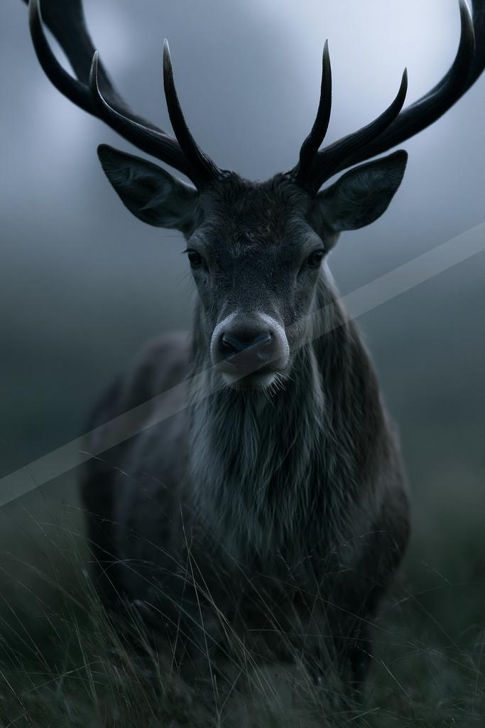 A large male deer with impressive antlers stands in tall grass, looking directly at the camera against a foggy background.