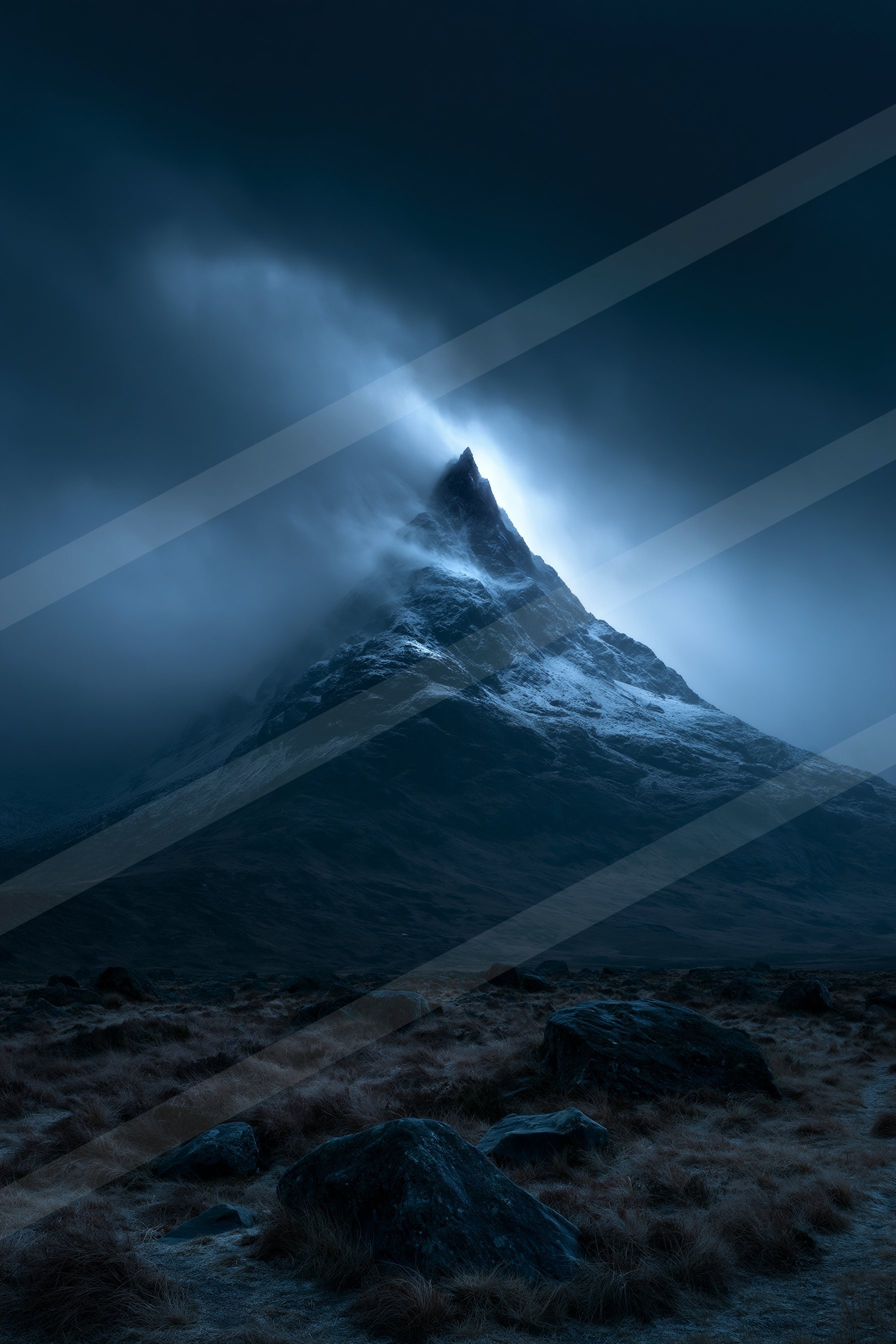 A night long exposure landscape of a volcano, fog.