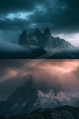 A dramatic landscape of mountains, storm.