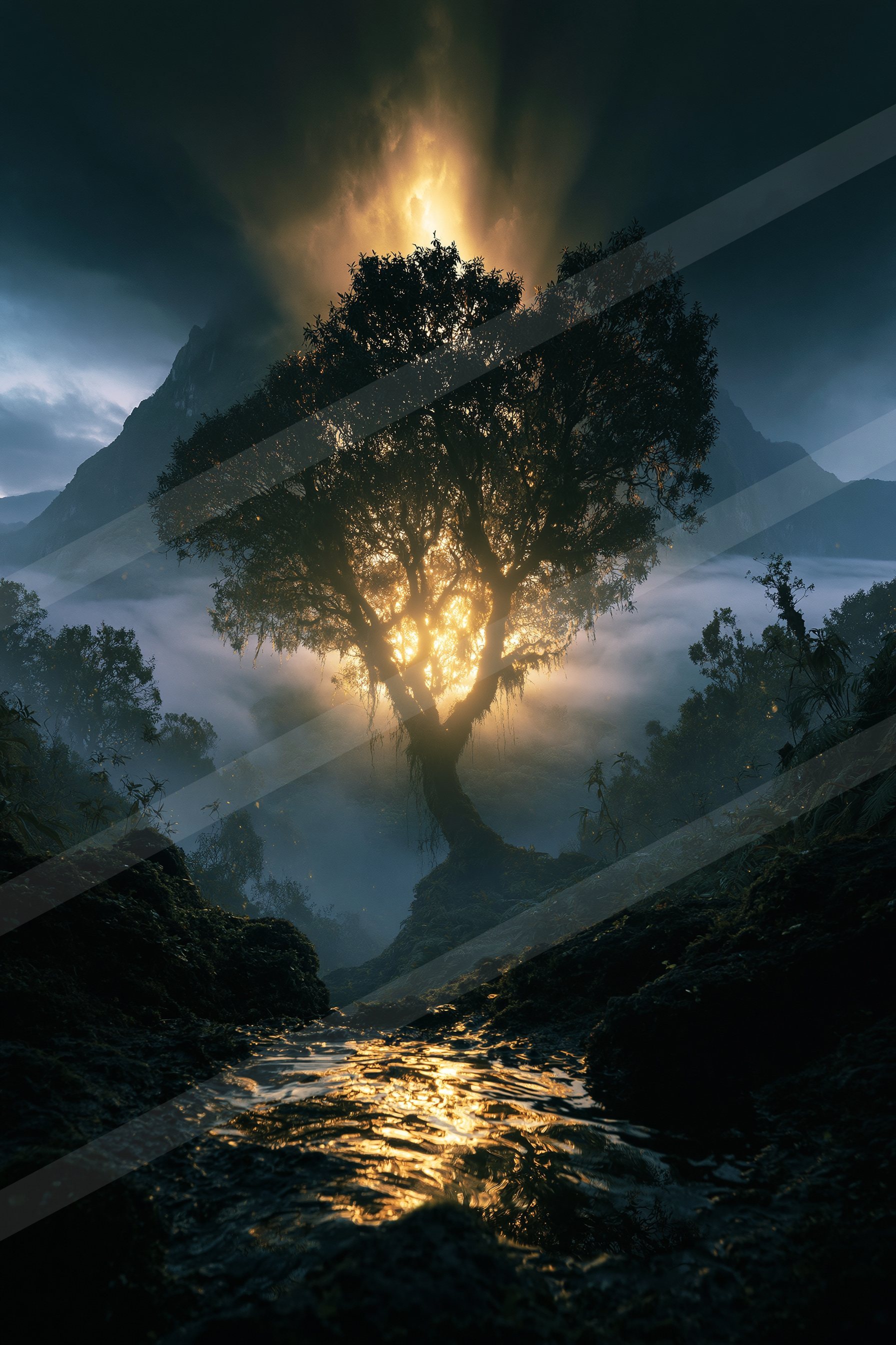 A large tree stands prominently silhouetted against a dramatic sky with fiery light breaking through dark clouds. The scene is set over mist-covered mountains,