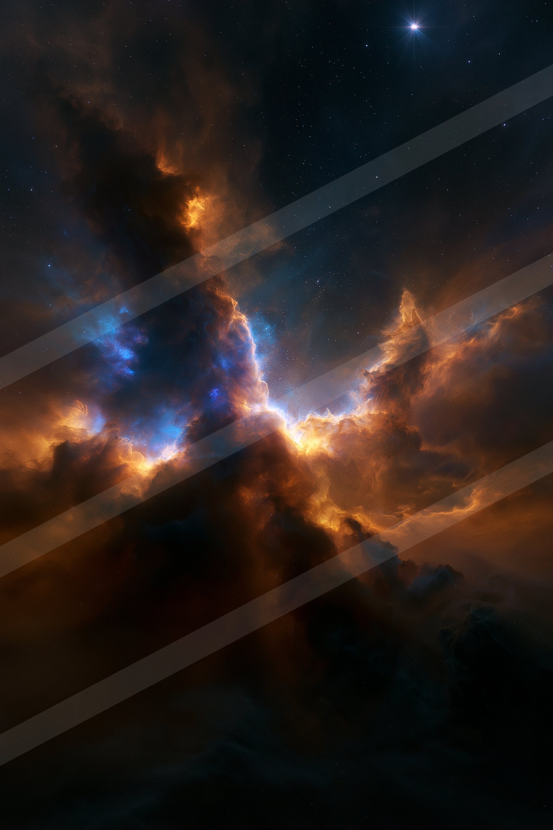 A vibrant nebula glowing with fiery orange and blue hues against a star-studded black backdrop.