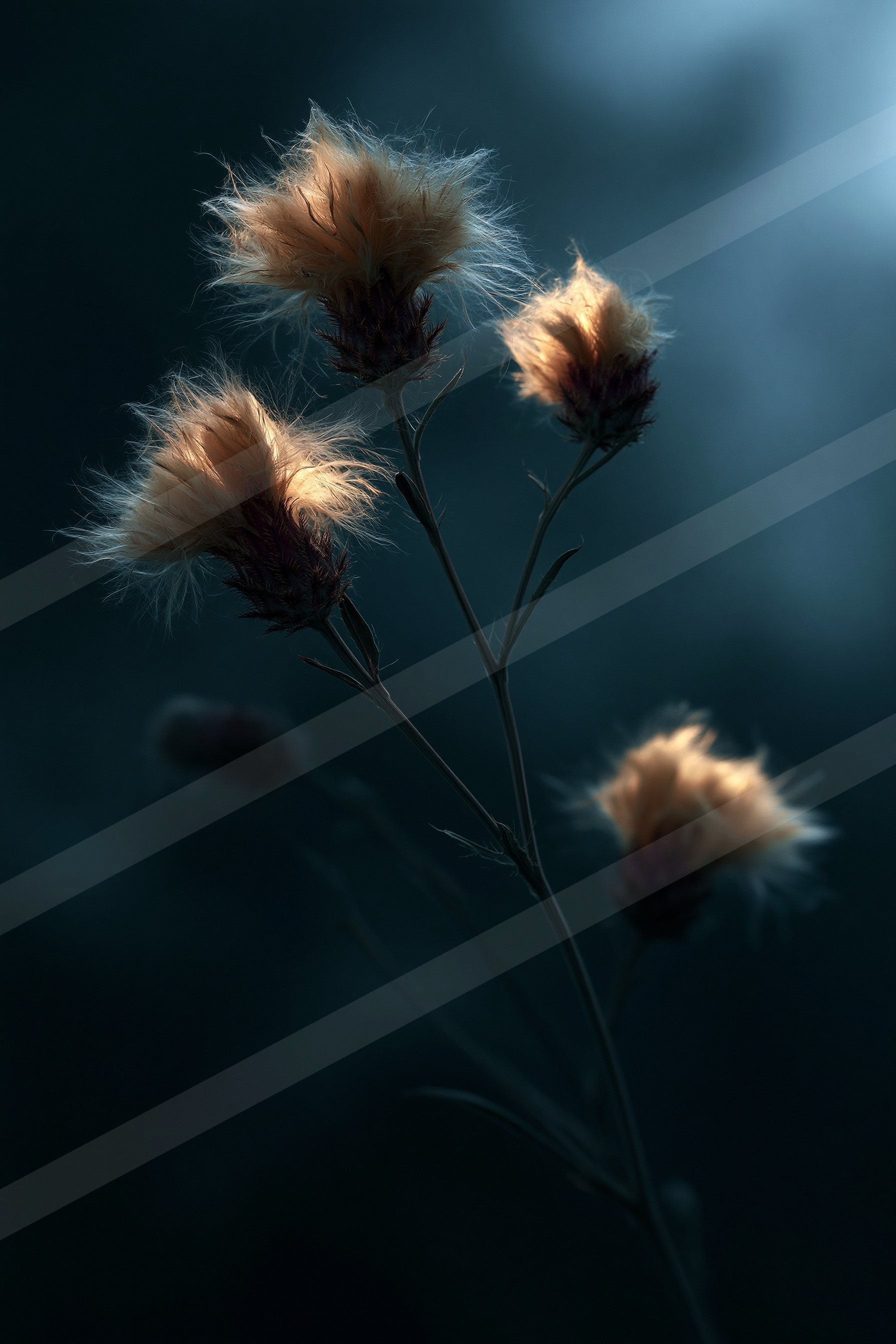 A thistle plant with fluffy, light-colored flowers is backlit against a dark blue background, creating a dramatic and atmospheric effect.
