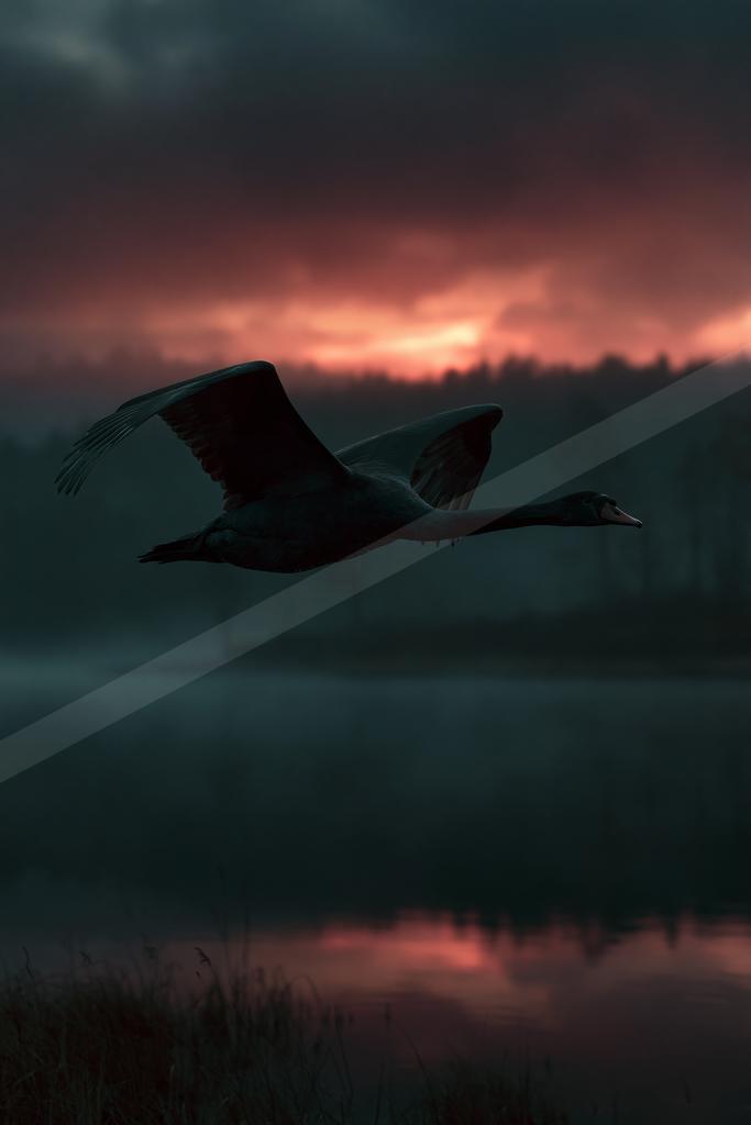 A large swan with wings spread flies low over a misty lake during a dramatic sunset, with a red and dark cloudy sky and silhouetted forest in the background.