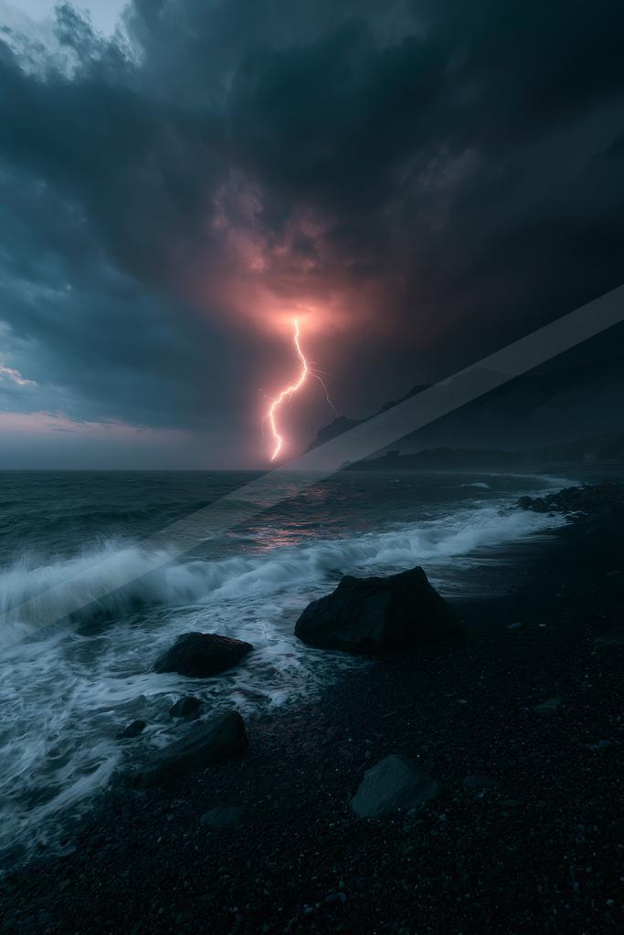 A dramatic sky scene of storm, ocean.