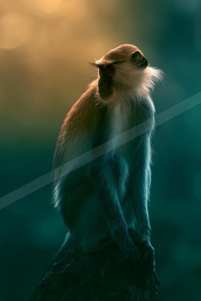 A black-toned moody photograph of guenon, colobus, patas.