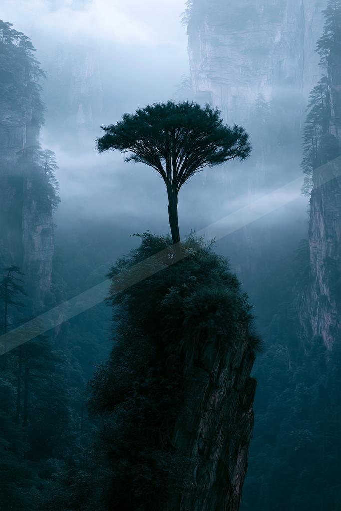 A serene nature scene of trees, fog.