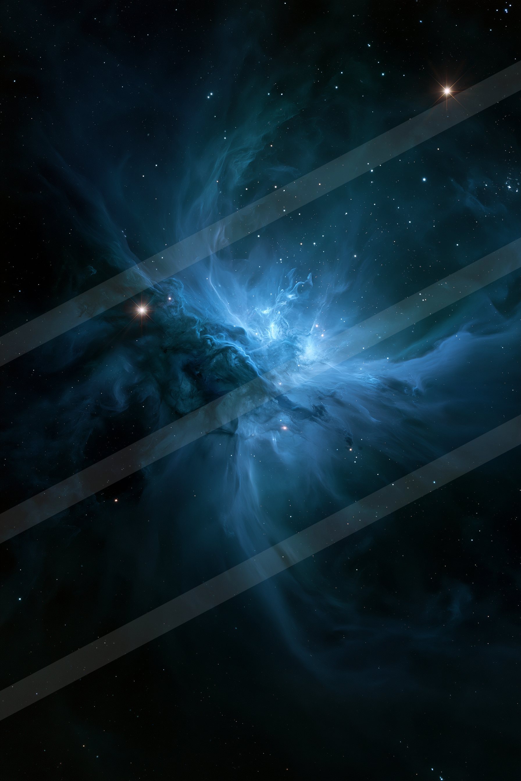 A mesmerizing view of a cosmic nebula featuring swirling blue gas clouds illuminated by bright stars against the dark backdrop of space.