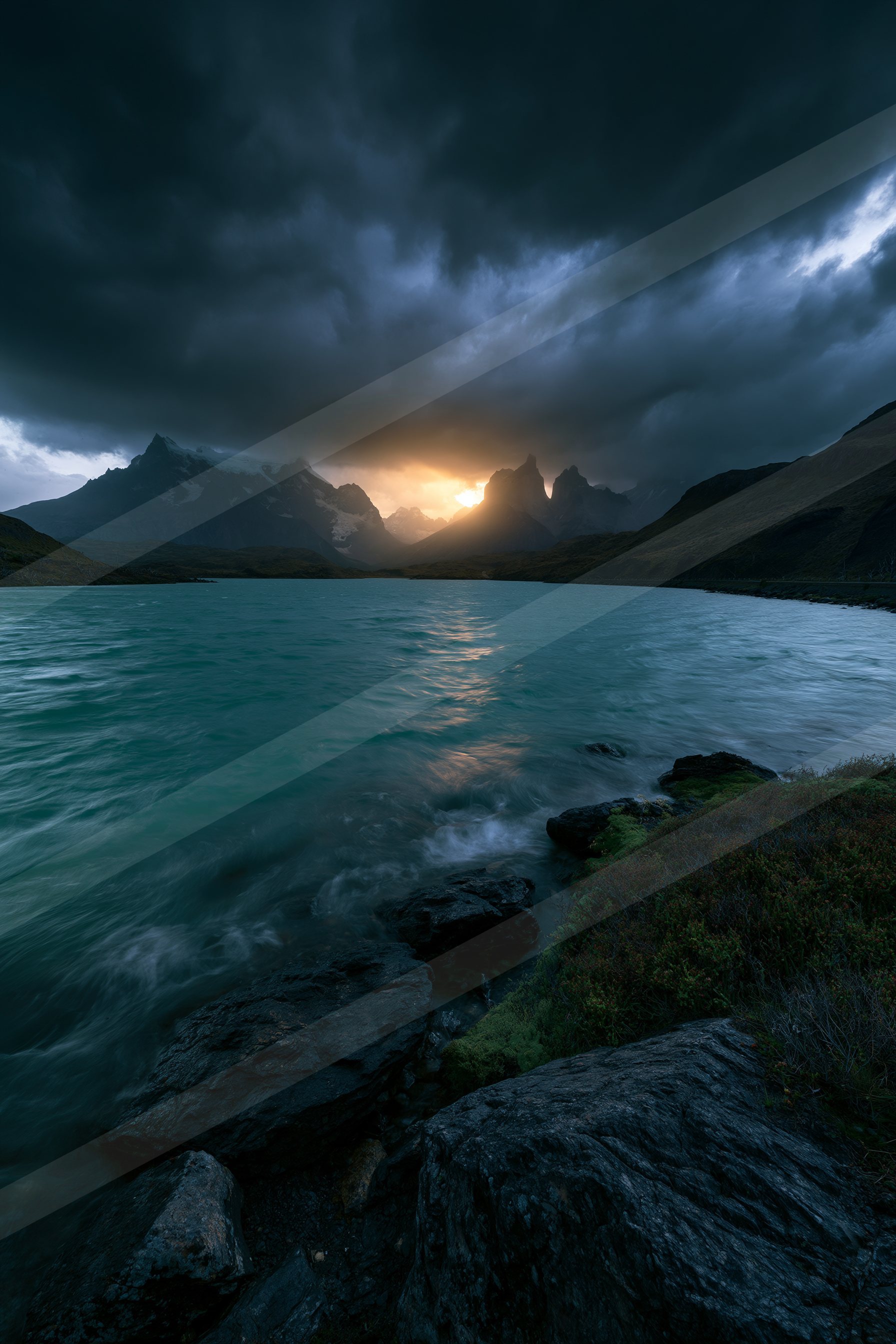 A blue hour panorama sky scene of an aurora, reflection.