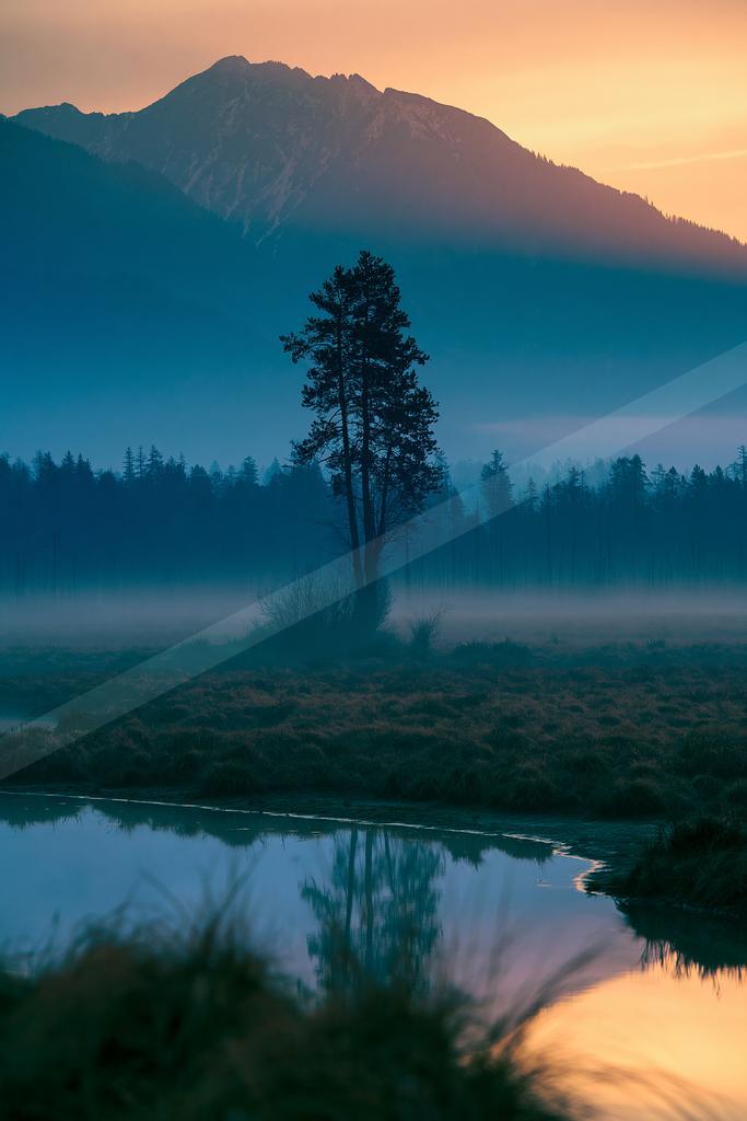 A blue hour nature scene of trees, lake, mountains.