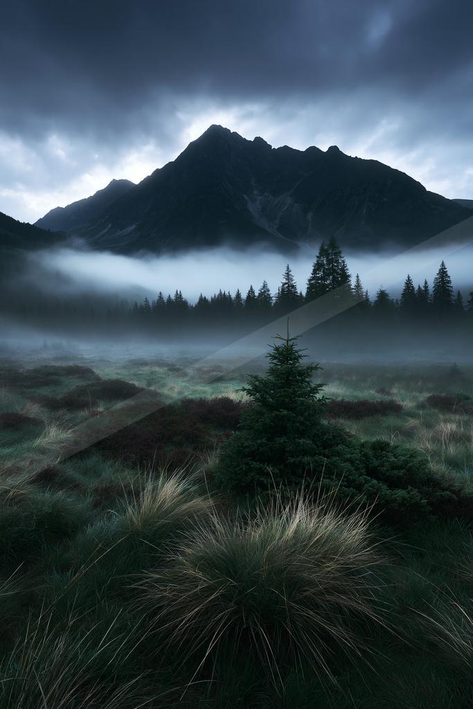 A night landscape of mountains, valley, forest.