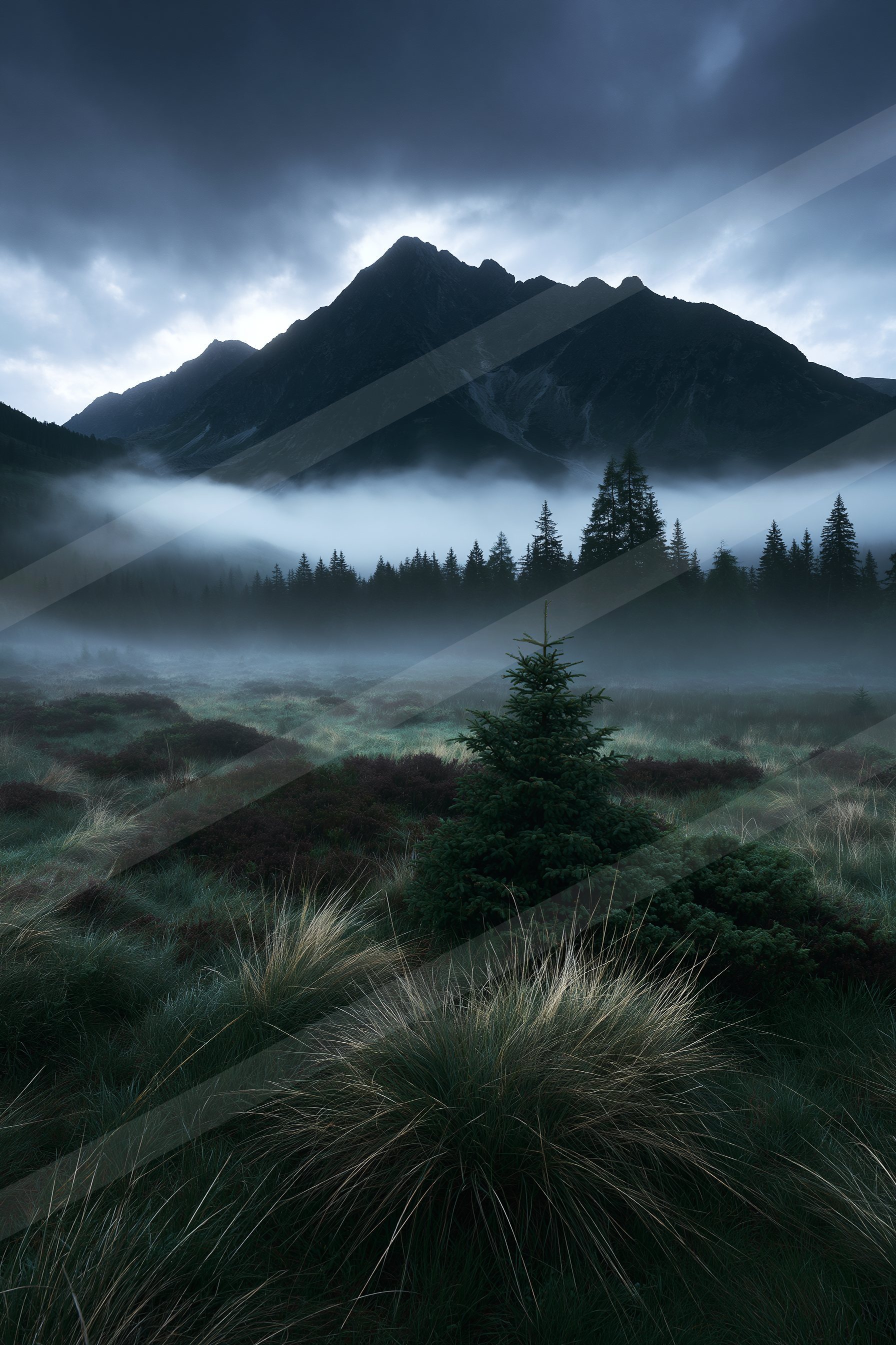 A moody panorama landscape of a mountains, fog.