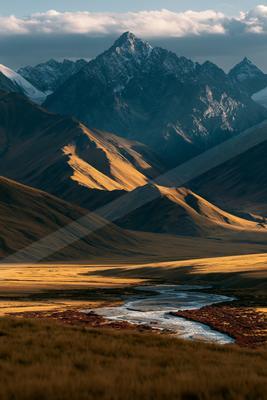 A moody landscape of mountains, valley, desert.