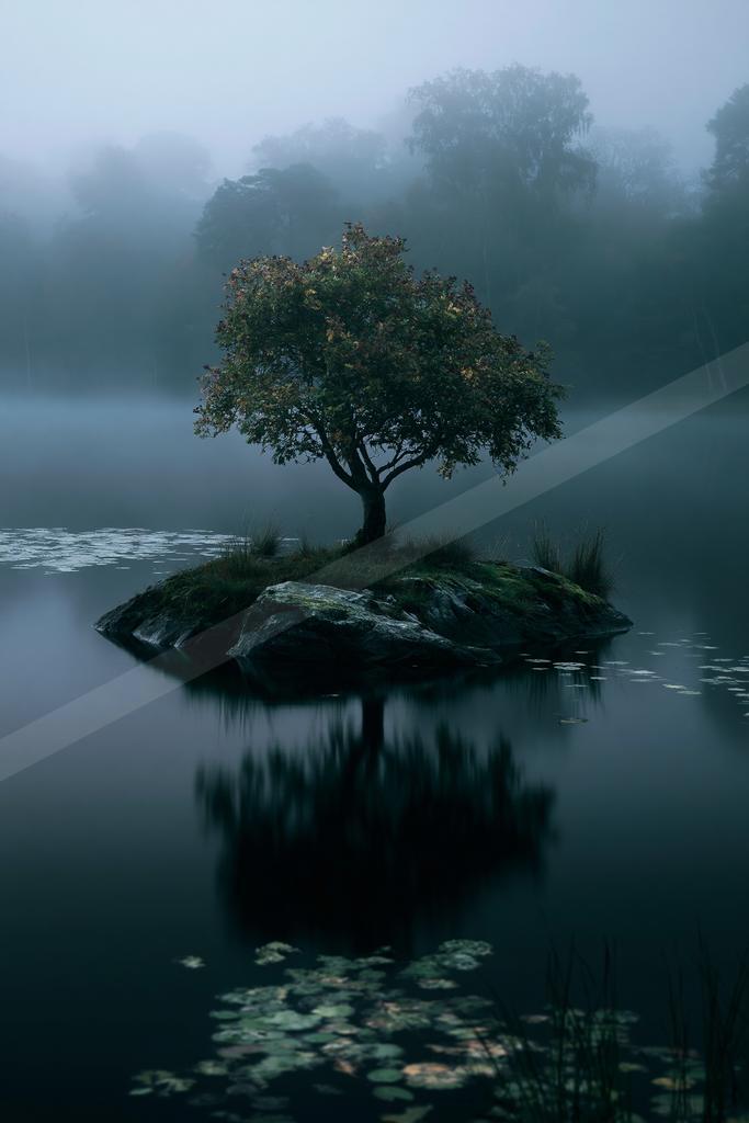 A black-toned moody photograph of lakeside, valley, seashore.