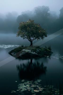 A black-toned moody photograph of lakeside, valley, seashore.