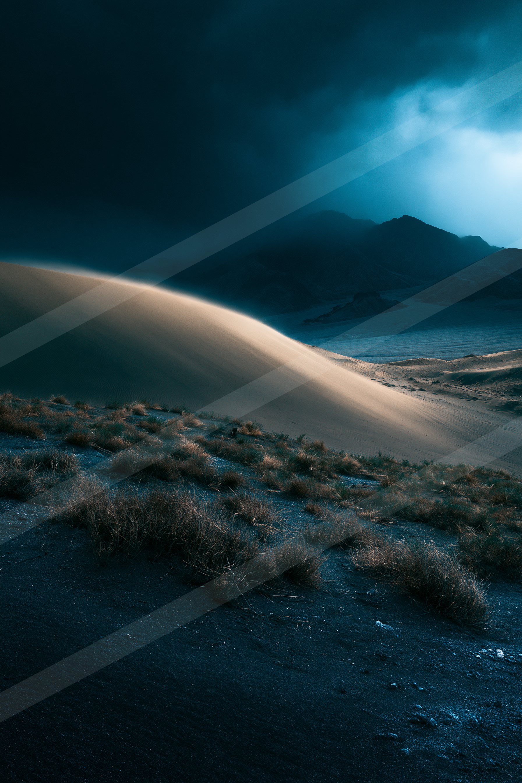 A night high contrast landscape of a sand dune, dust.
