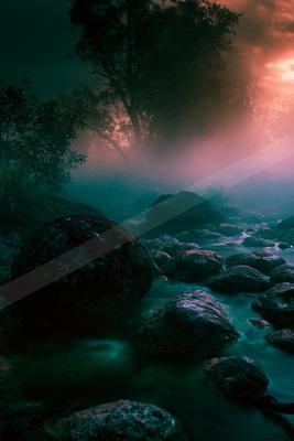A night water scene of river, lake, waterfall.