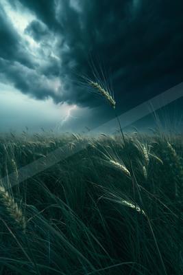 A moody sky scene of storm, field, clouds.
