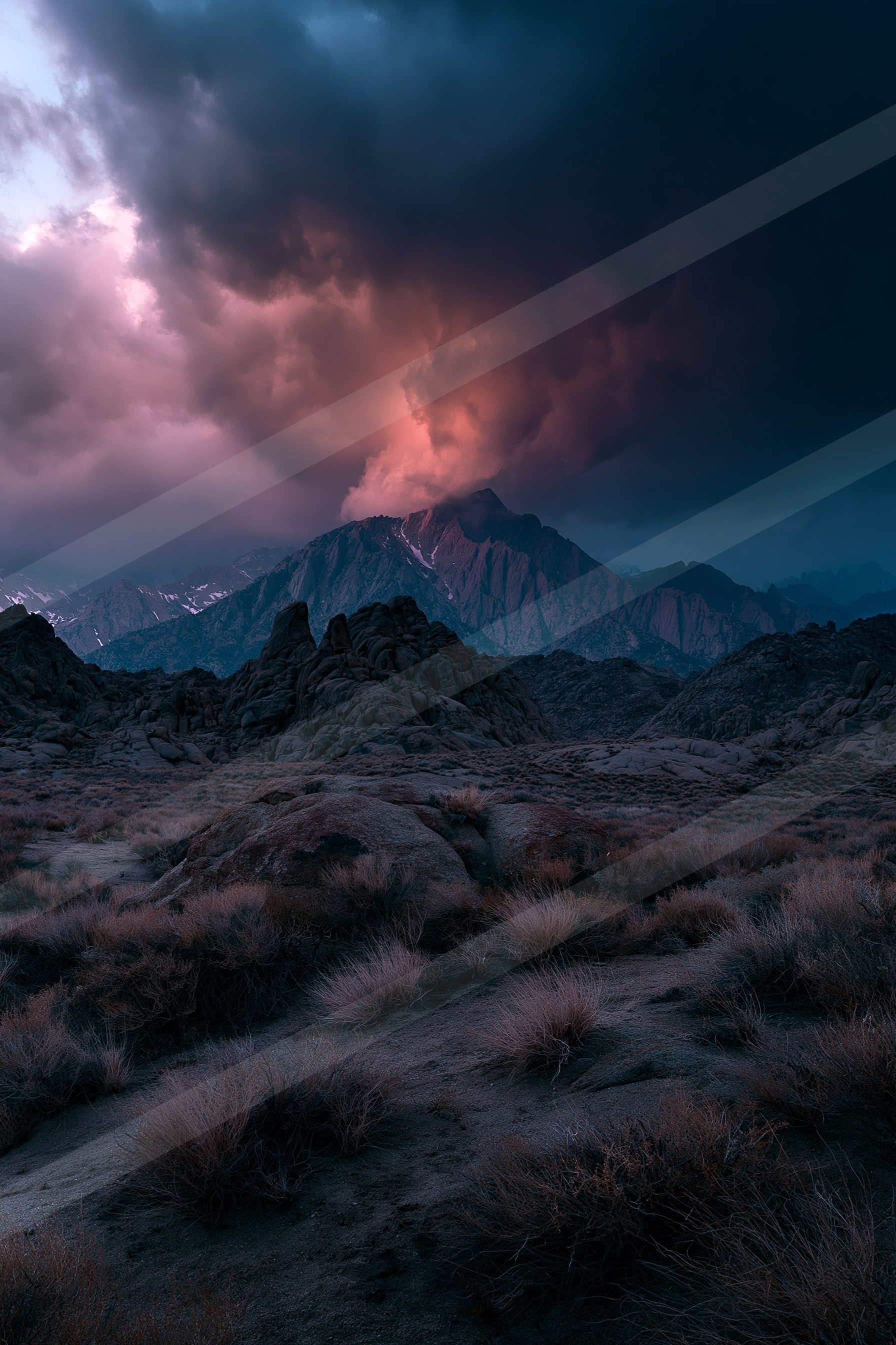 A dramatic panorama landscape of a mountains, dust.