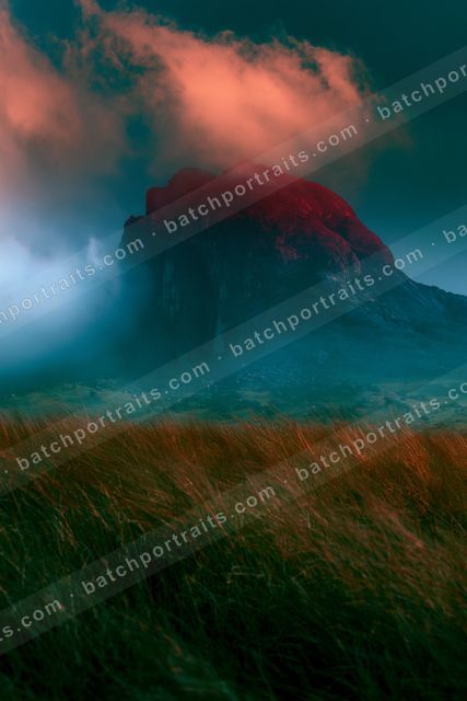 An ethereal double exposure landscape of a plateau, fog.