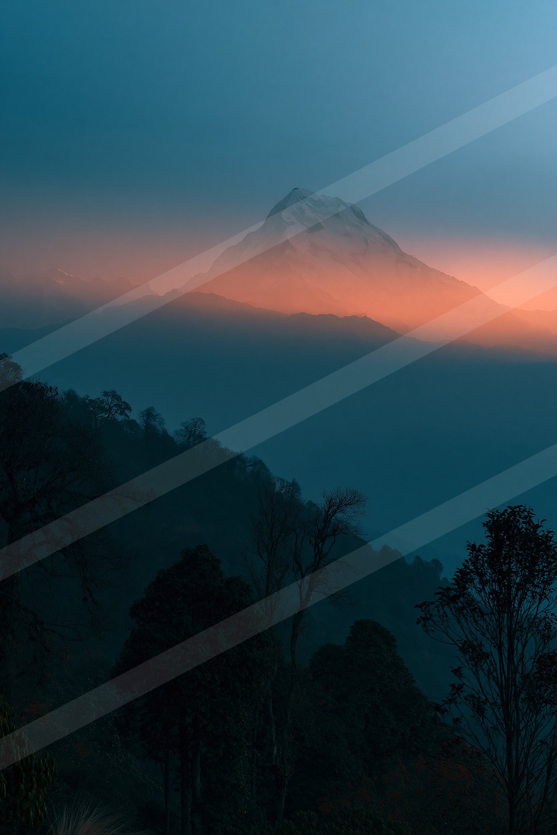A majestic snow-covered mountain peak illuminated by the warm hues of a setting sun, surrounded by a dense forest silhouette.