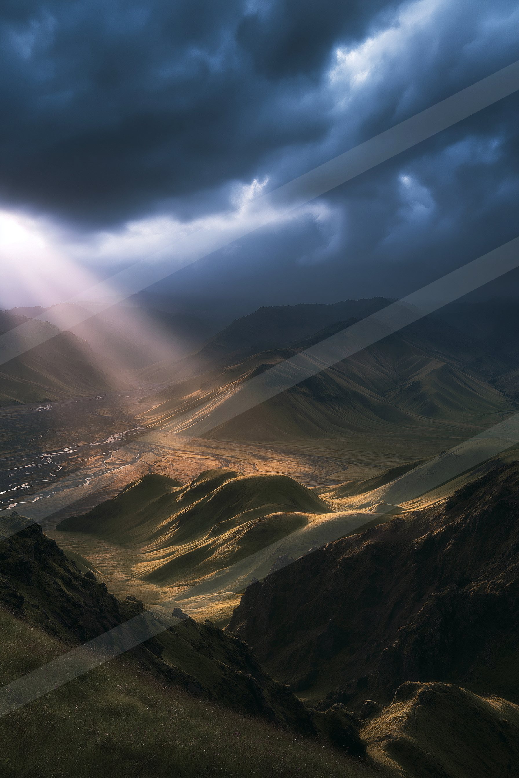 A stunning mountain landscape with rugged peaks and valleys illuminated by sunlight piercing through dark, stormy clouds.