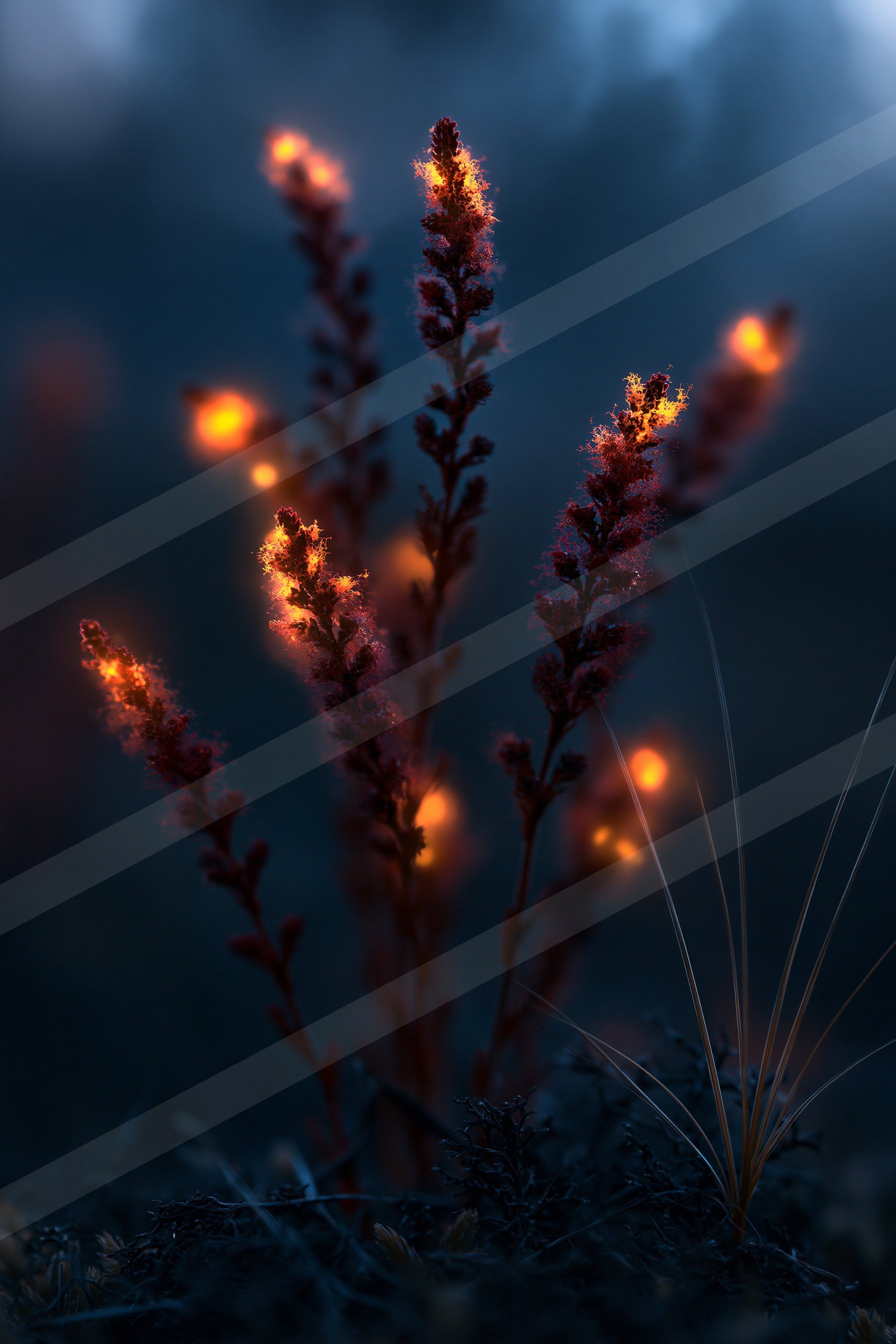 An ethereal macro nature scene of a plants, fire.