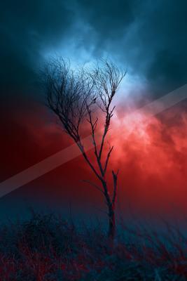 A dramatic minimalist nature scene of trees, storm, fog.