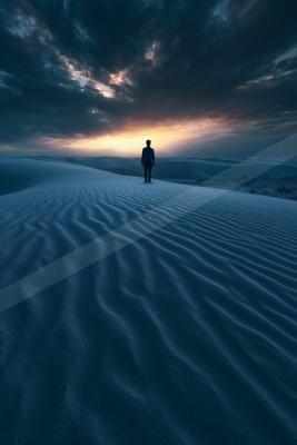 A blue hour minimalist landscape of desert, silhouette.