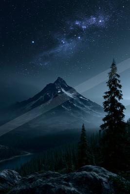 A dramatic snow-capped mountain rises under a starry night sky filled with the Milky Way, surrounded by a dense coniferous forest and a foreground lake with roc