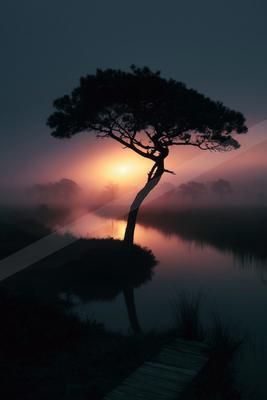 A lone tree stands in silhouette against a glowing orange and pink sunrise, its reflection visible in the calm water of a misty wetland with a wooden boardwalk 