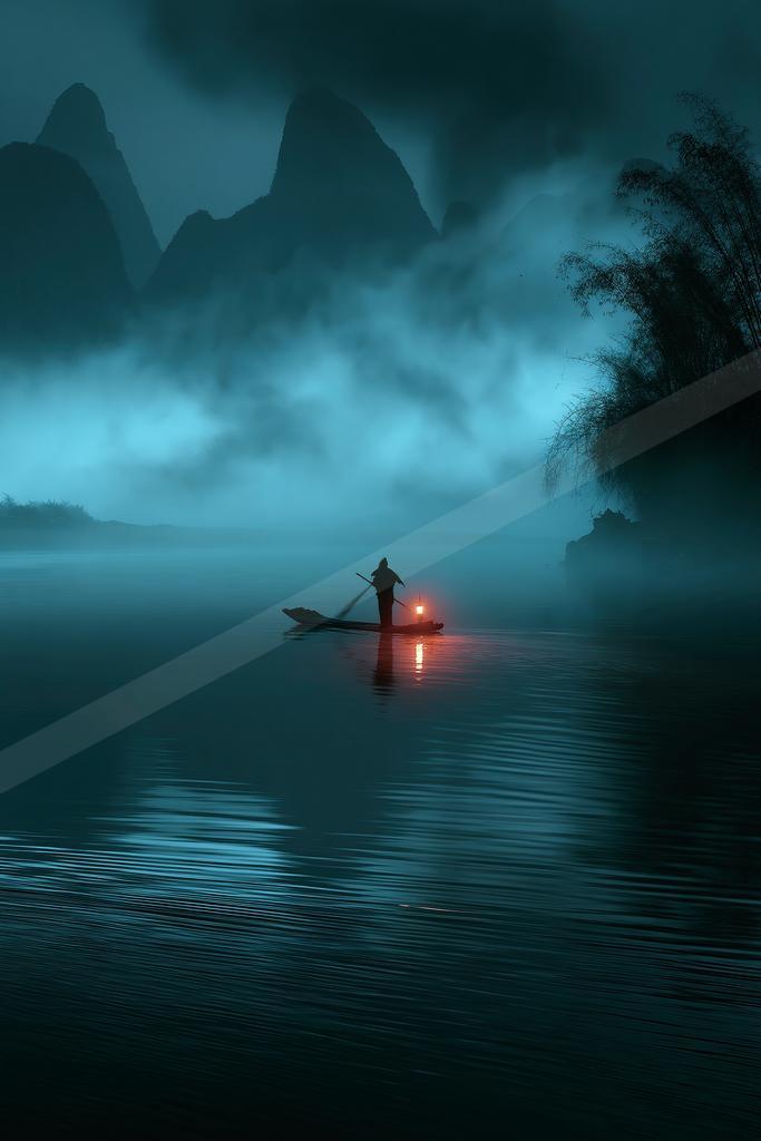 A night water scene of lake, fog.