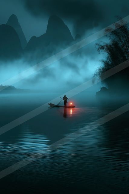 A mysterious water scene of a lake, fog.