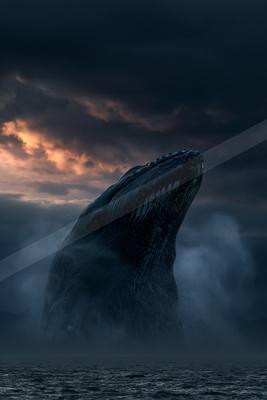 A massive humpback whale emerges from the dark ocean under a stormy sky with orange sunset light breaking through the clouds.