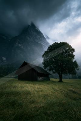 A serene landscape of field, mountains, valley.
